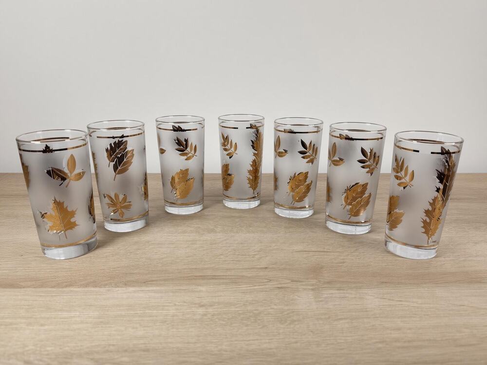 Vintage Libbey Golden Foliage Glasses Set of 7, Gold Leaf Highball Tumblers